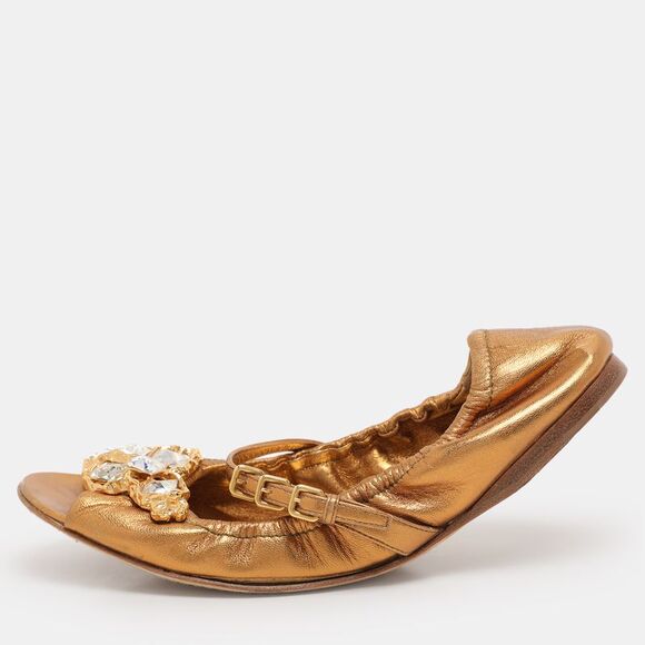 Miu Miu Gold Leather Embellished Scrunch Ballet Flats Size 38,New Products : American Fashion Style Bags On Sale